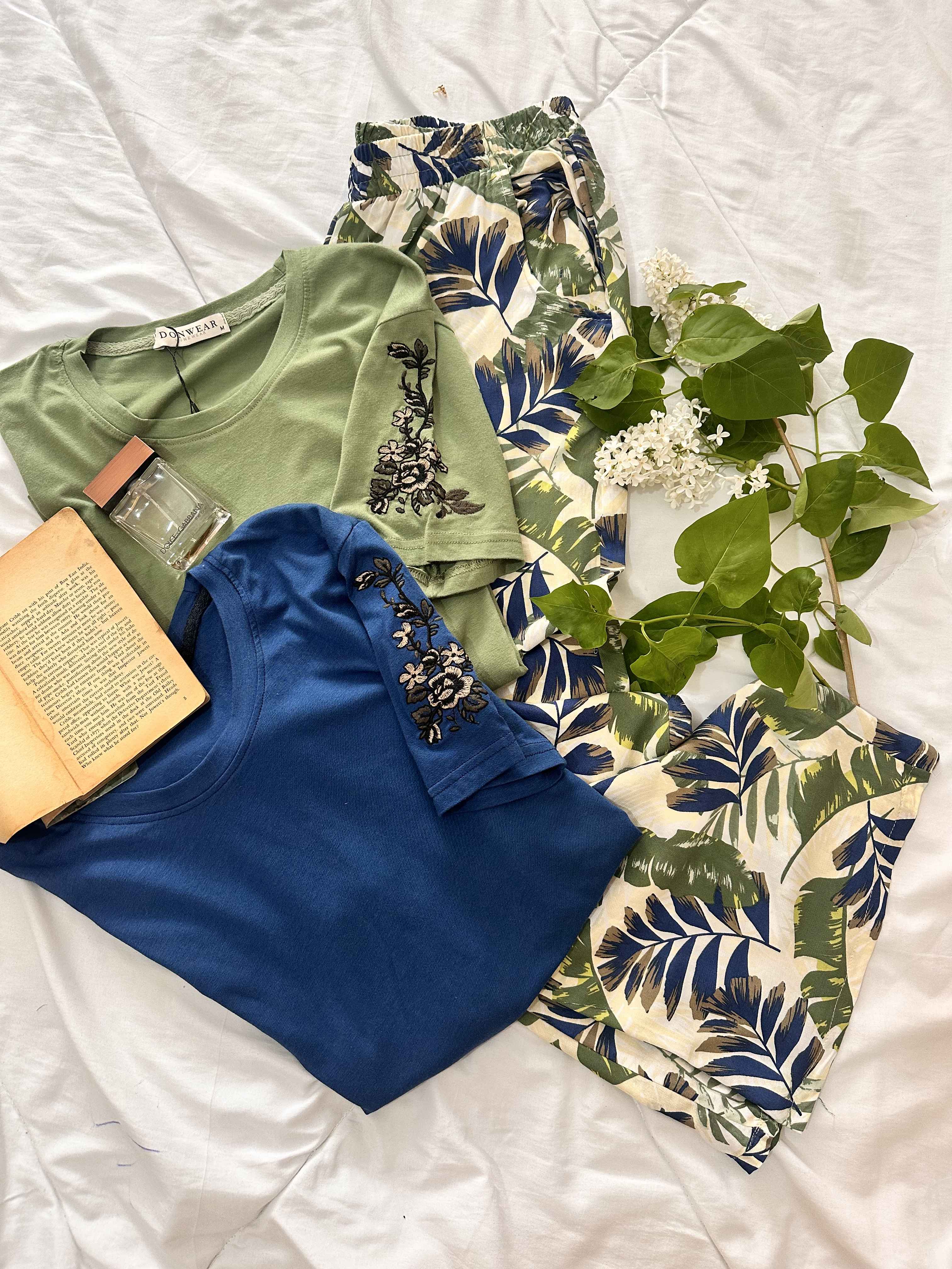 homewear vert/ bleu pantalon feuilles