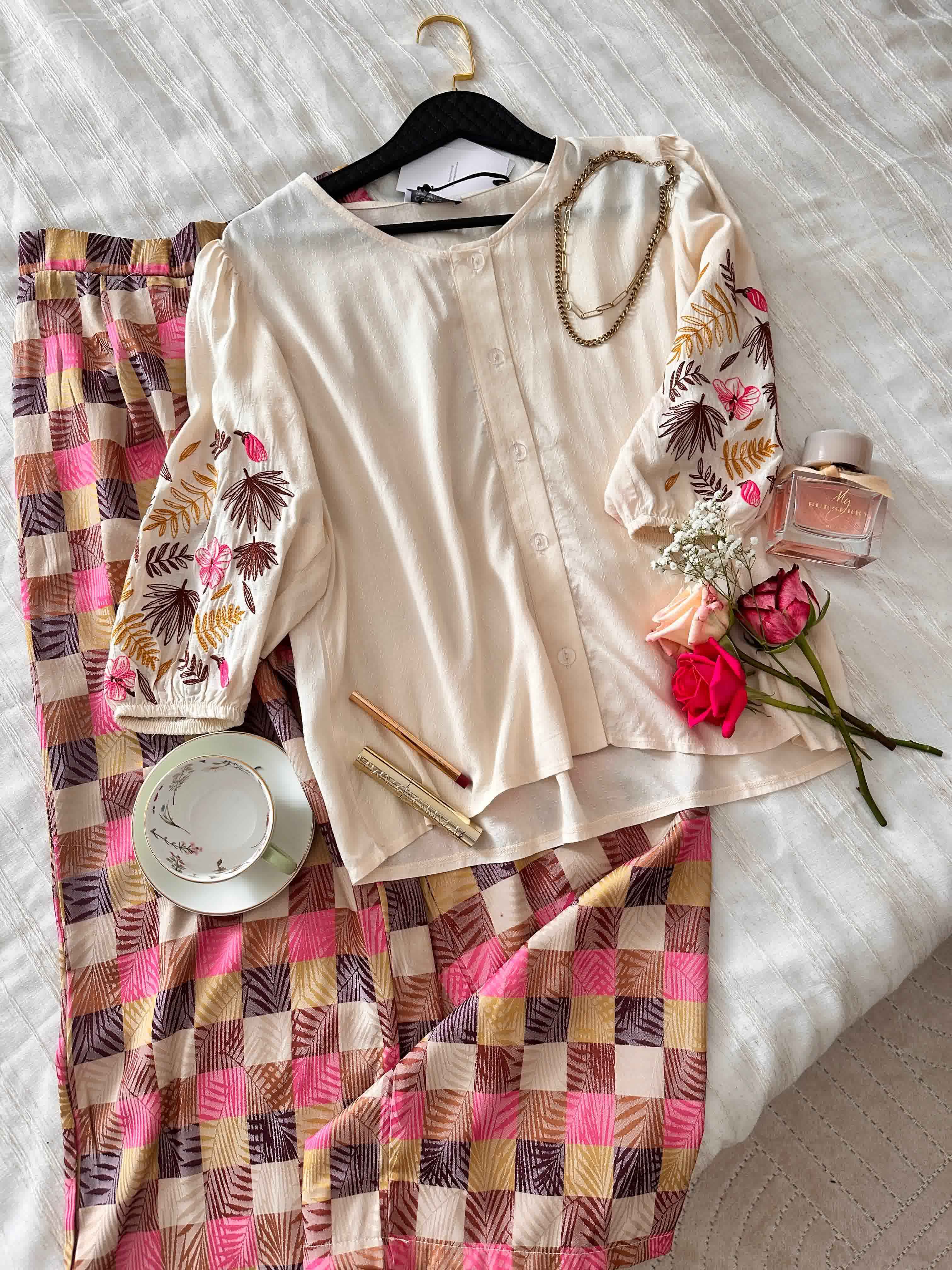 Homewear beige pantalon à carreaux