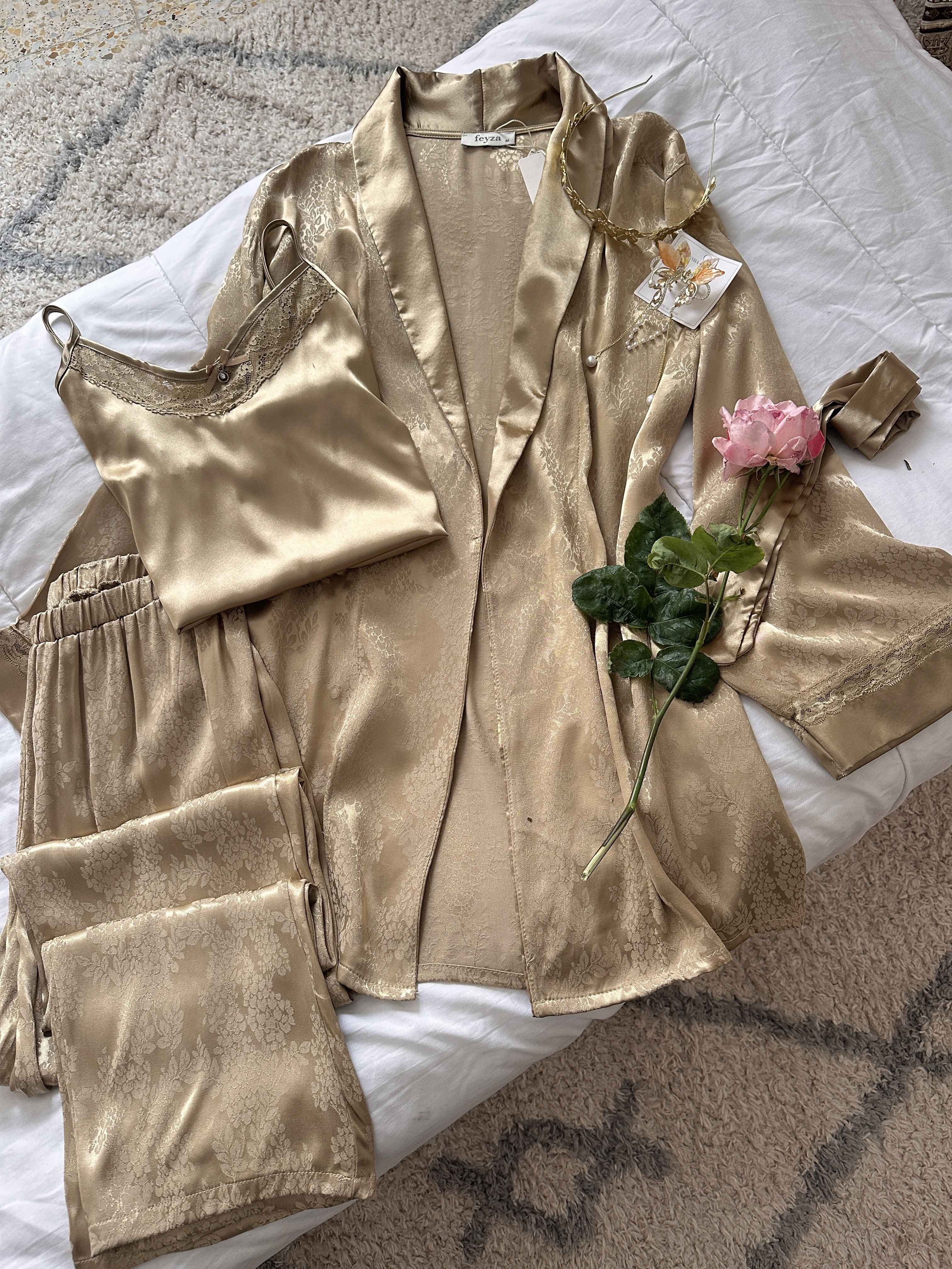 3pcs feyza satin beige/noir